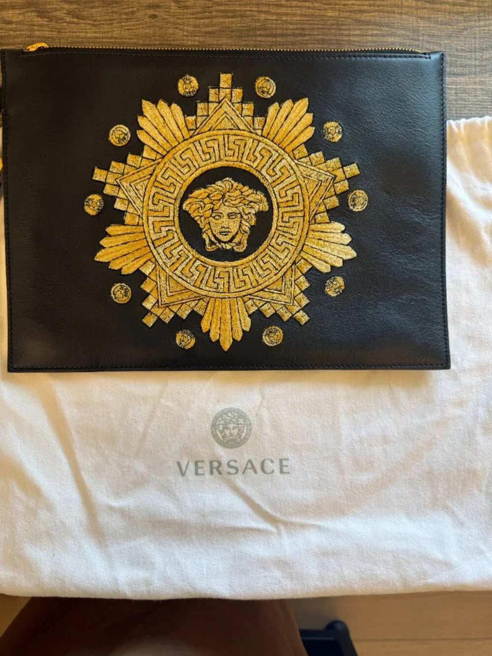 Versace Medusa Embroidered Leather Clutch Bag